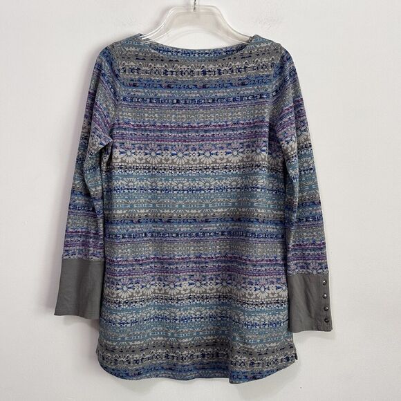 J Jill Fair Isle Long Sleeve Tunic Top XS Pockets Thermal Waffle Knit Blue Gray - Picture 1 of 12